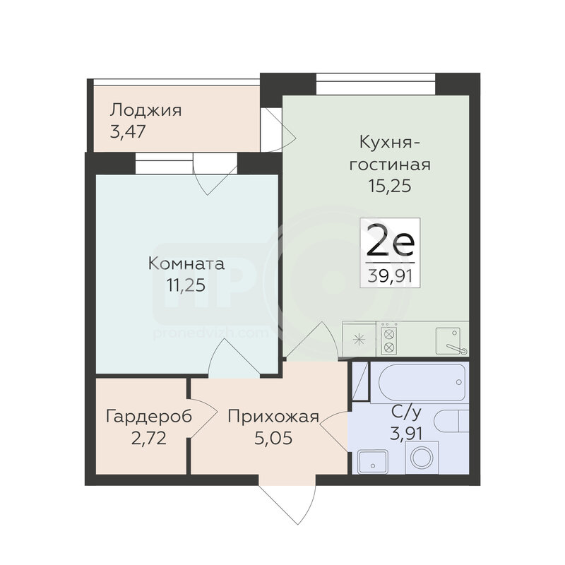 2-комнатная квартира, 39.91кв.м