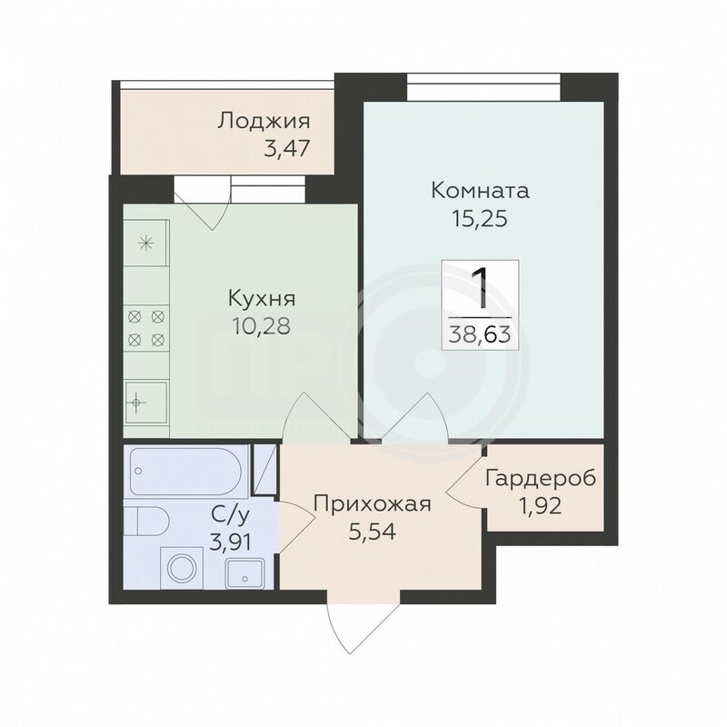 1-комнатная квартира, 38.63кв.м
