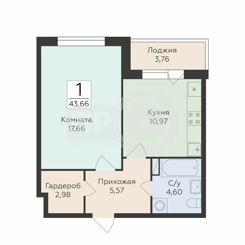 1-комнатная квартира, 43.66кв.м