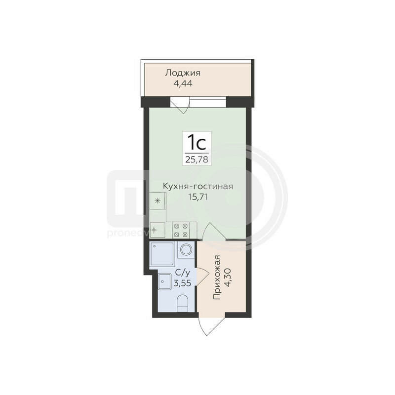 1-комнатная квартира, 25.78кв.м