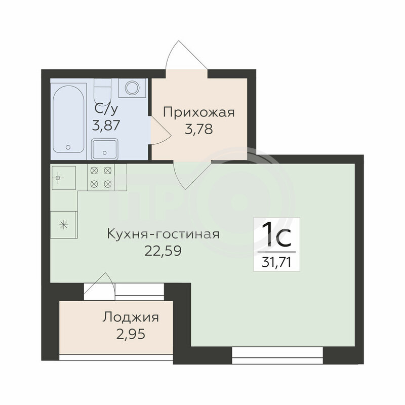 1-комнатная квартира, 31.71кв.м