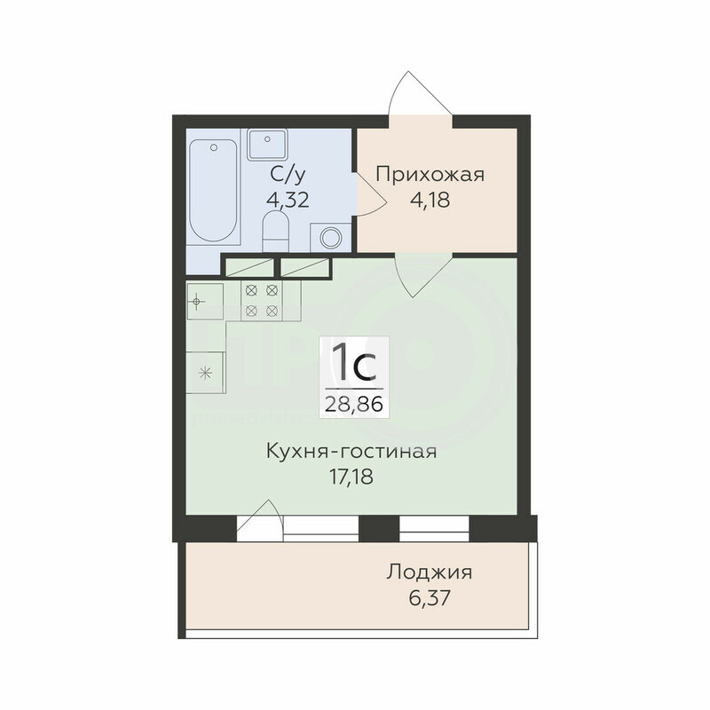 1-комнатная квартира, 28.86кв.м