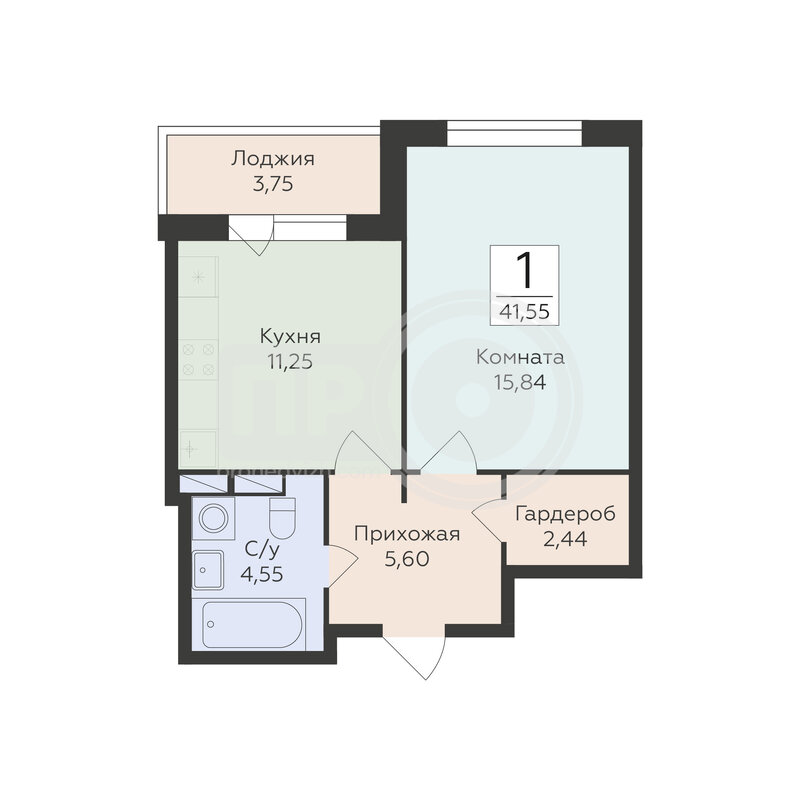 1-комнатная квартира, 41.55кв.м