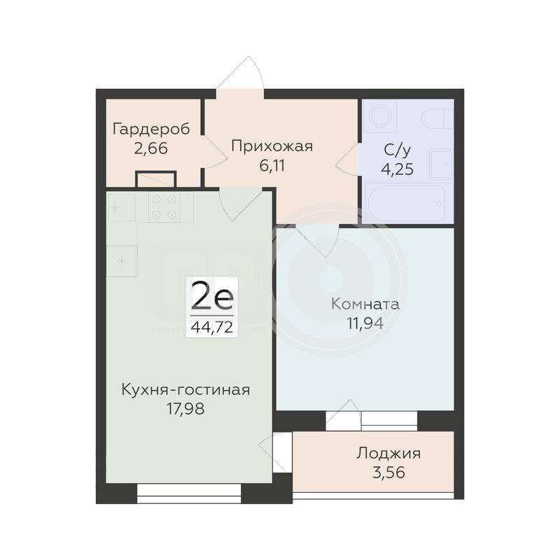 2-комнатная квартира, 44.72кв.м