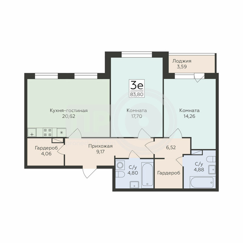 3-комнатная квартира, 83.8кв.м