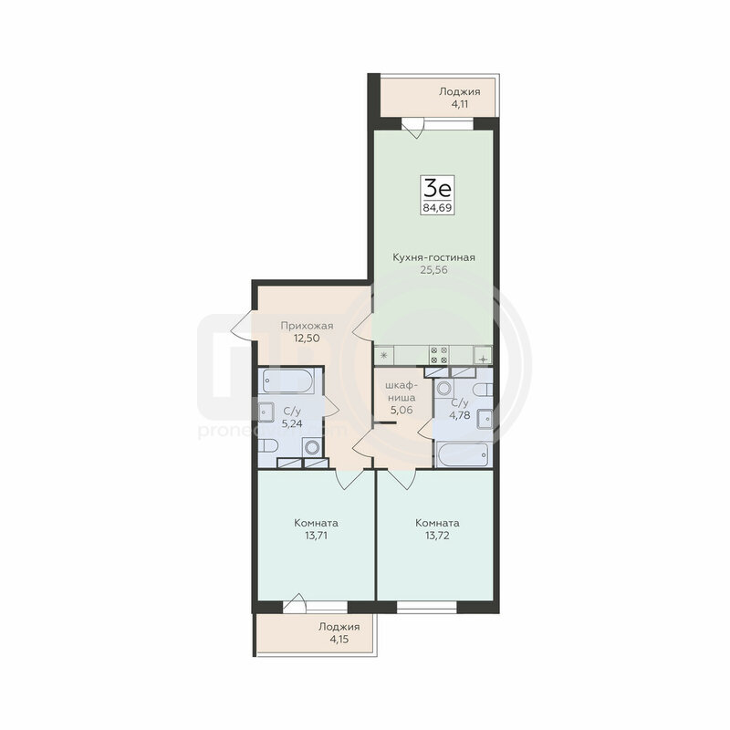 3-комнатная квартира, 84.69кв.м