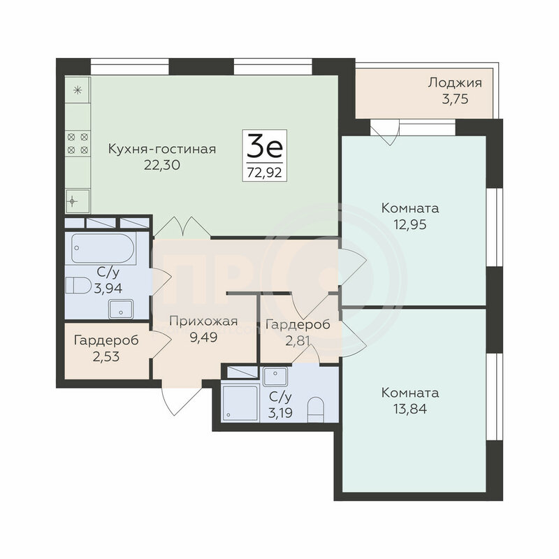3-комнатная квартира, 72.92кв.м
