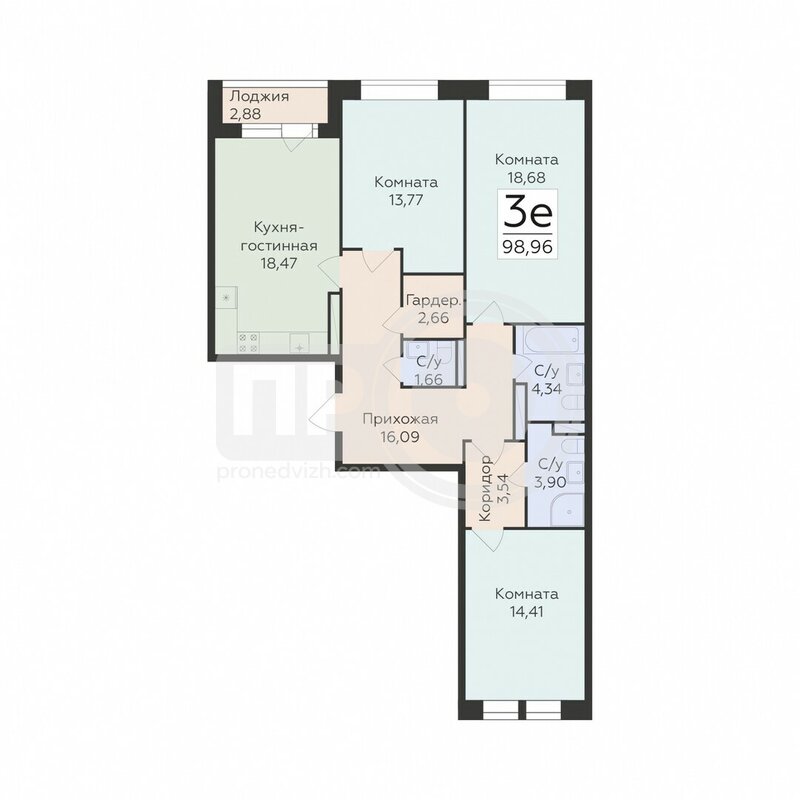 3-комнатная квартира, 98.96кв.м