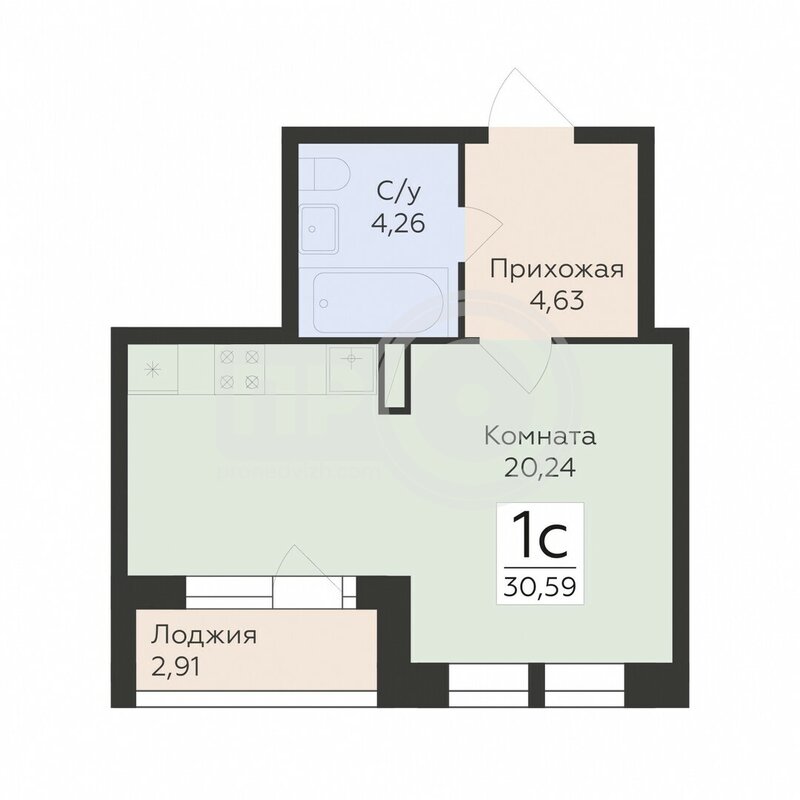 1-комнатная квартира, 30.59кв.м
