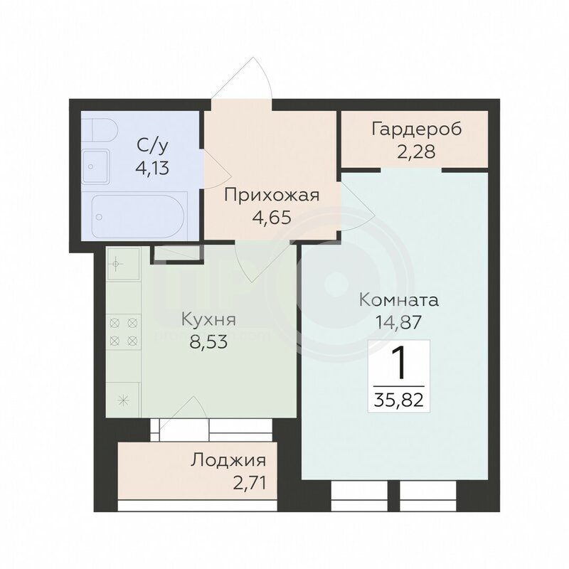 1-комнатная квартира, 35.82кв.м