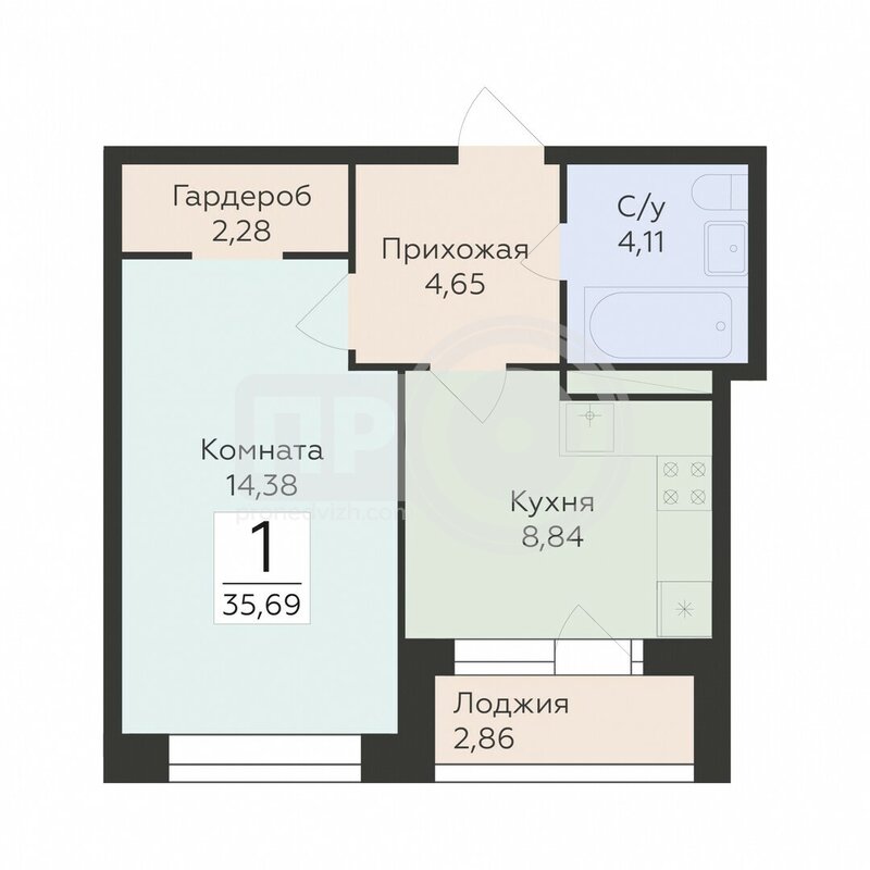 1-комнатная квартира, 35.69кв.м