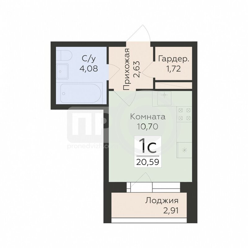 1-комнатная квартира, 20.59кв.м