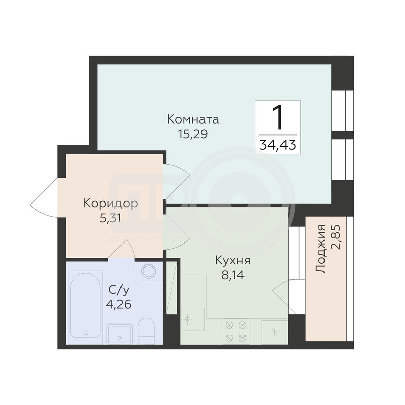 1-комнатная квартира, 34.43кв.м