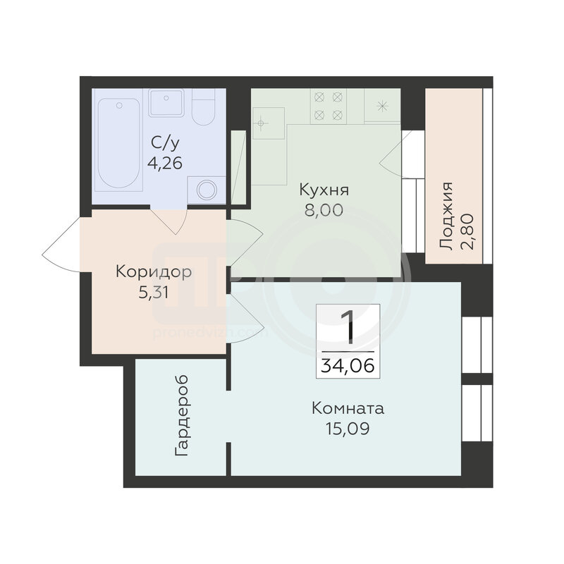 1-комнатная квартира, 34.06кв.м