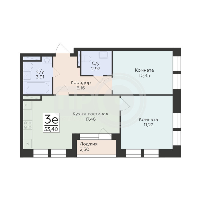 3-комнатная квартира, 53.4кв.м