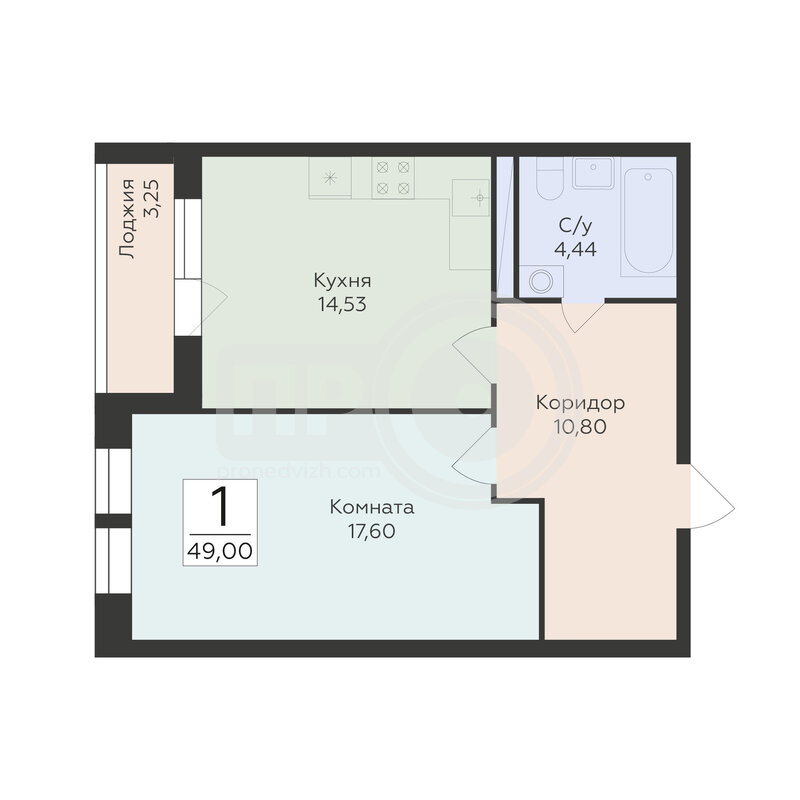 1-комнатная квартира, 49кв.м