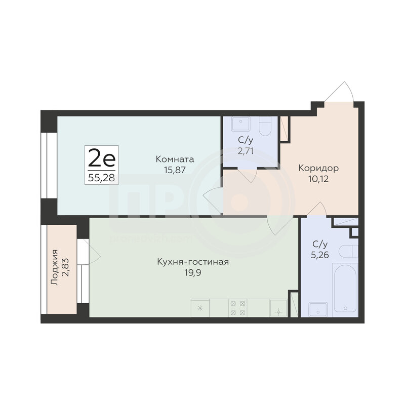 2-комнатная квартира, 55.28кв.м