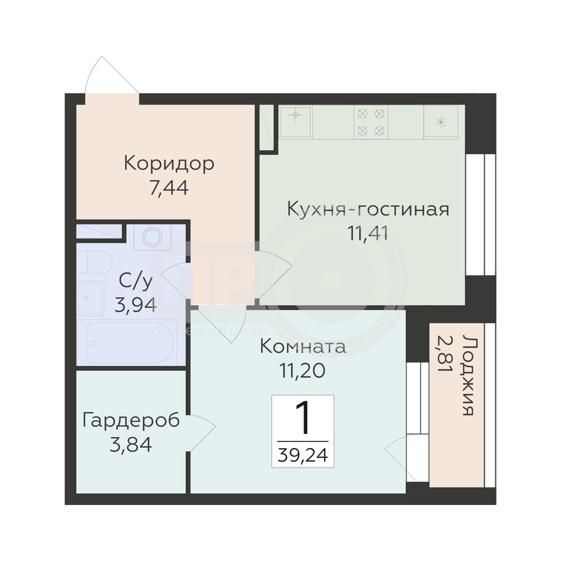 1-комнатная квартира, 39.24кв.м