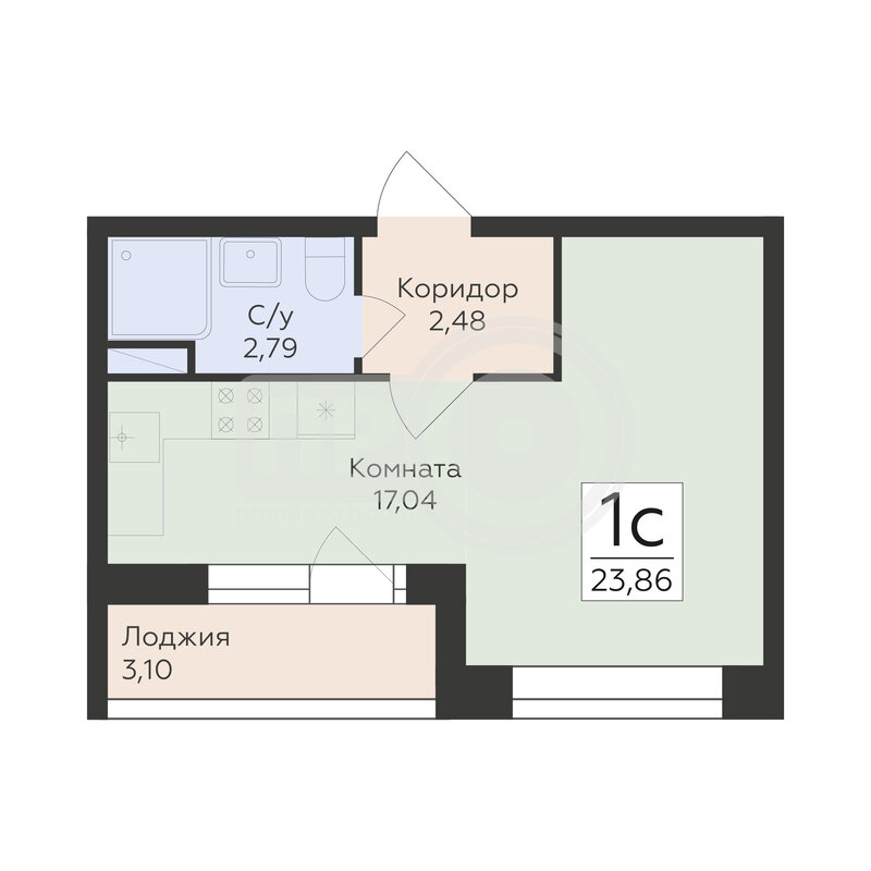 1-комнатная квартира, 23.86кв.м