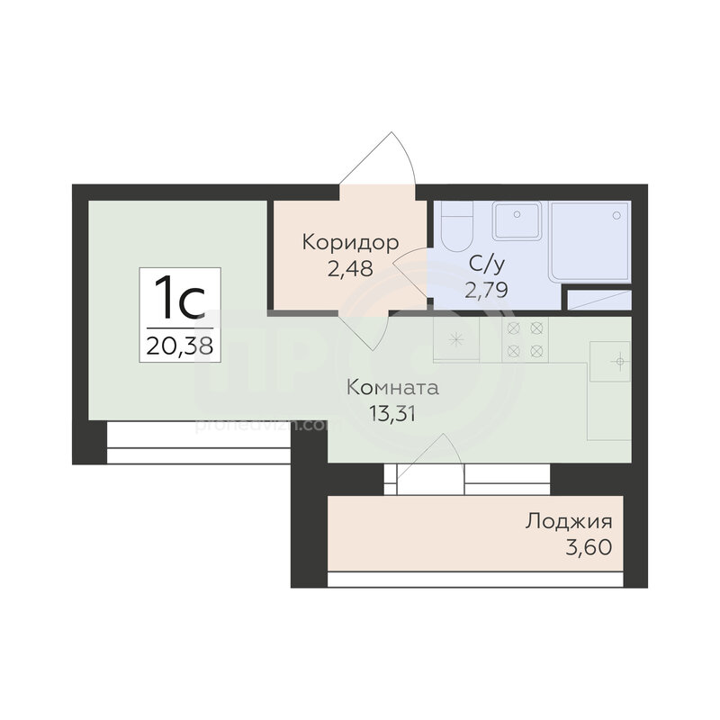 1-комнатная квартира, 20.38кв.м