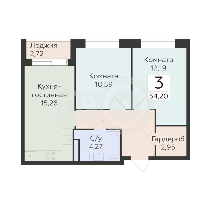3-комнатная квартира, 54.2кв.м