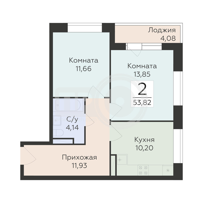 2-комнатная квартира, 53.82кв.м