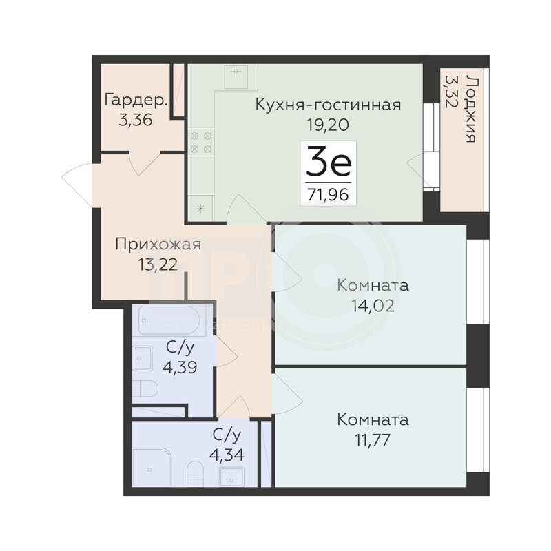 3-комнатная квартира, 71.96кв.м