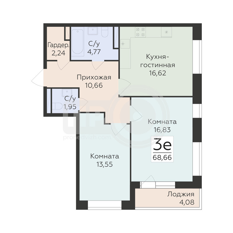3-комнатная квартира, 68.66кв.м