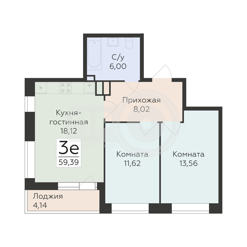 3-комнатная квартира, 59.39кв.м