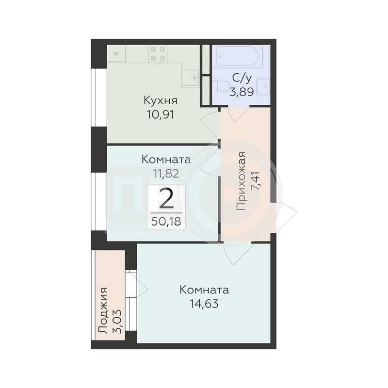 2-комнатная квартира, 50.18кв.м