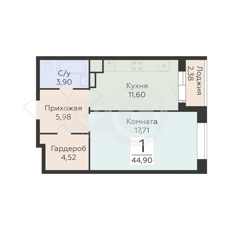 1-комнатная квартира, 44.9кв.м