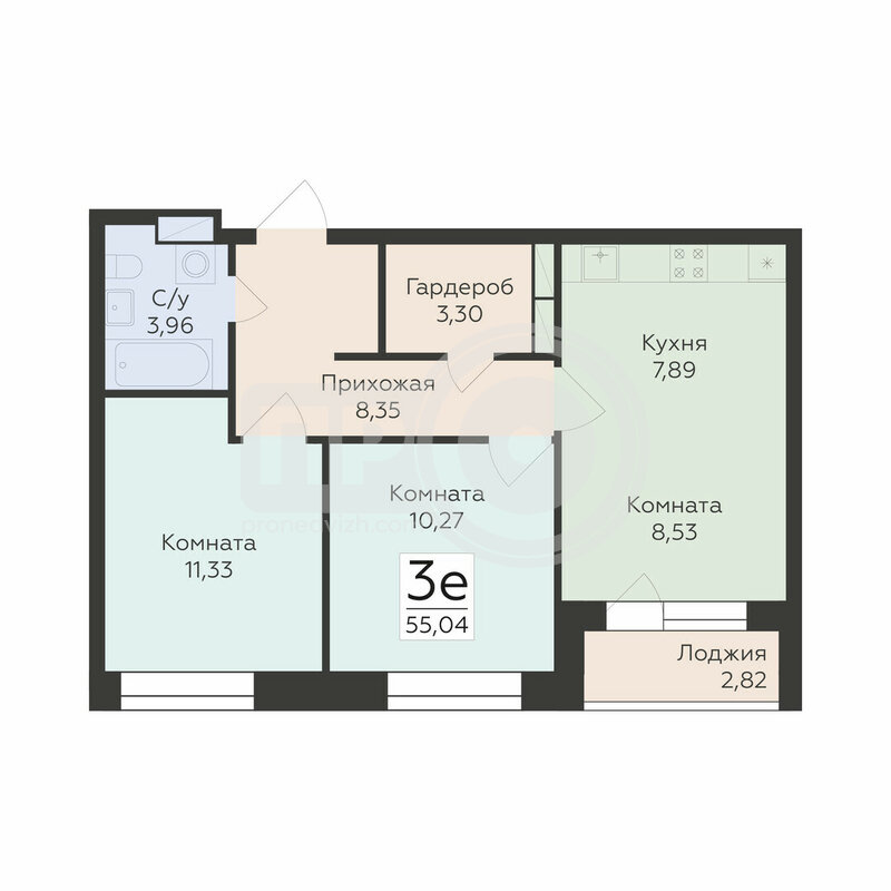 3-комнатная квартира, 55.04кв.м