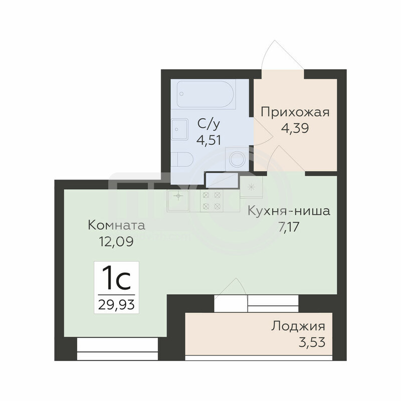 1-комнатная квартира, 29.93кв.м