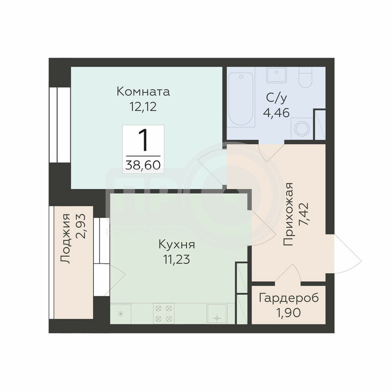 1-комнатная квартира, 38.6кв.м