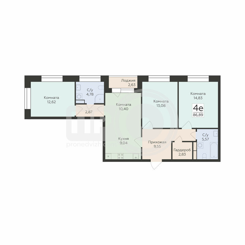 4-комнатная квартира, 86.89кв.м
