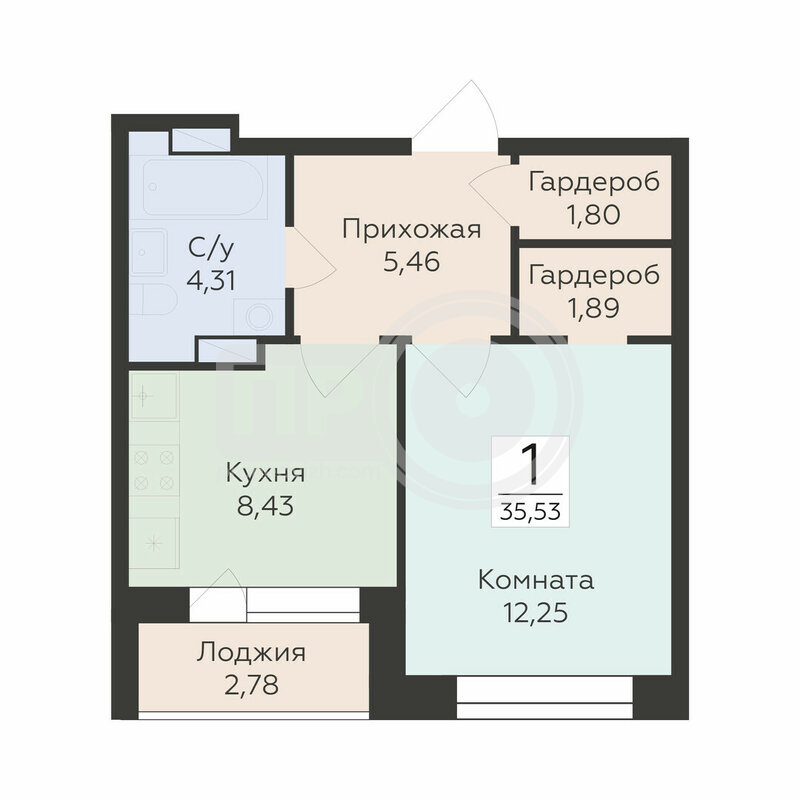 1-комнатная квартира, 35.53кв.м