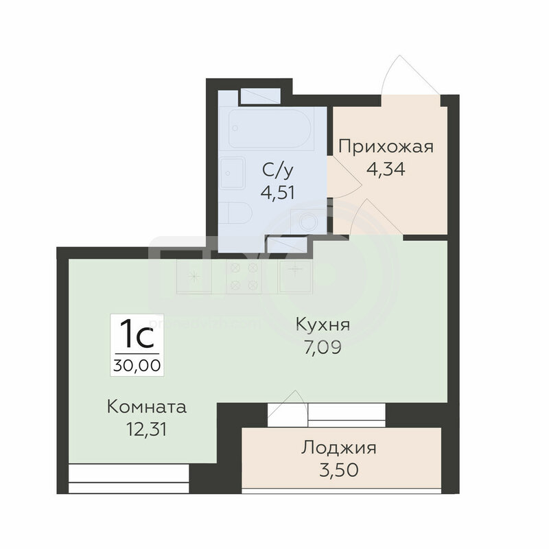 1-комнатная квартира, 30кв.м
