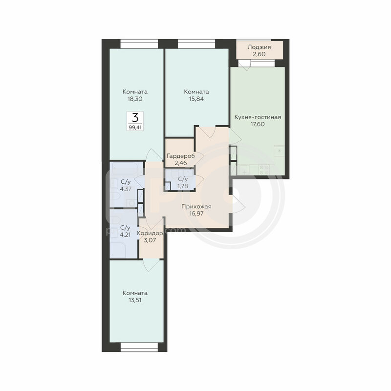 3-комнатная квартира, 99.41кв.м