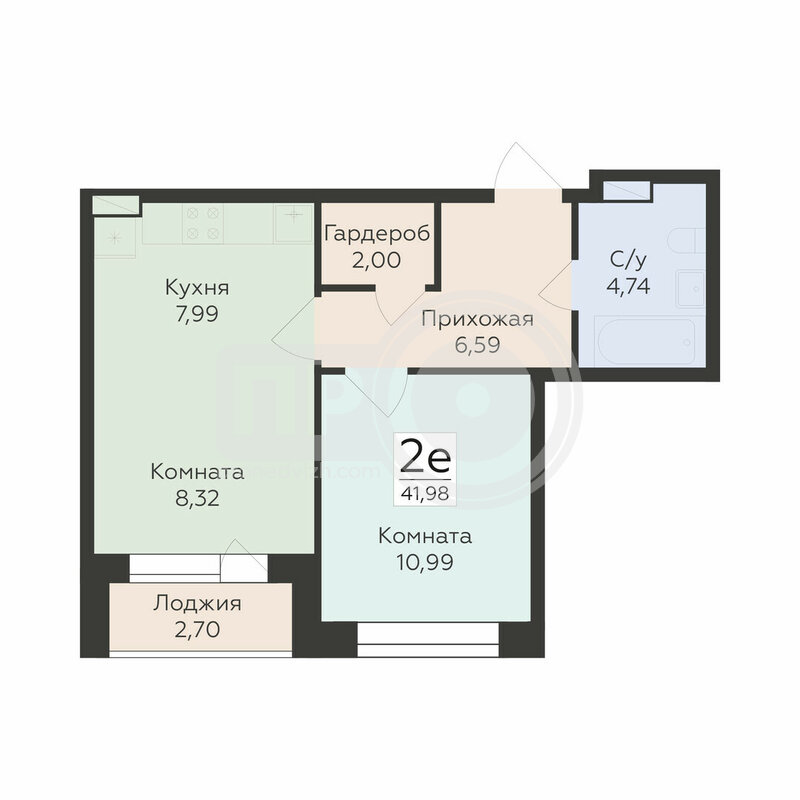 2-комнатная квартира, 41.98кв.м