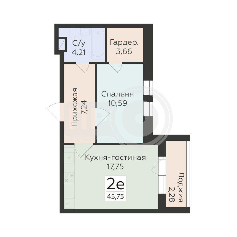 2-комнатная квартира, 45.73кв.м