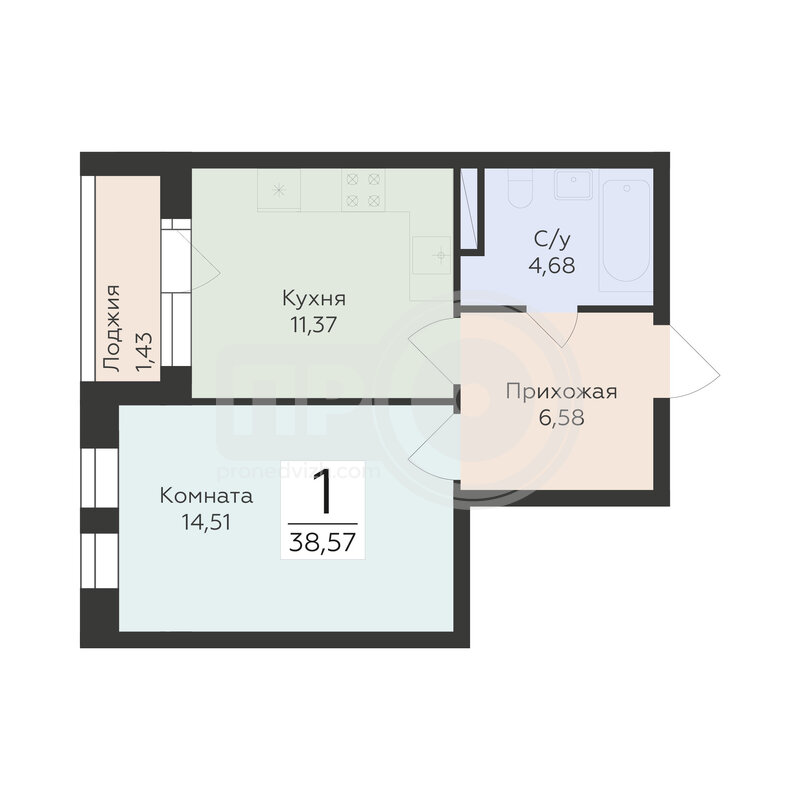 1-комнатная квартира, 38.57кв.м
