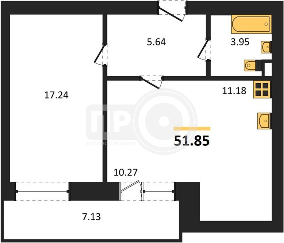 1-комнатная квартира, 51.85кв.м
