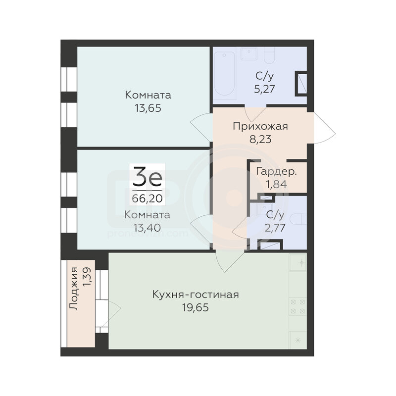 3-комнатная квартира, 66.2кв.м