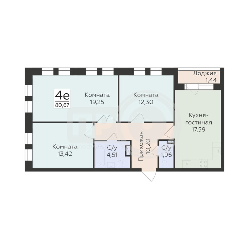 4-комнатная квартира, 80.67кв.м