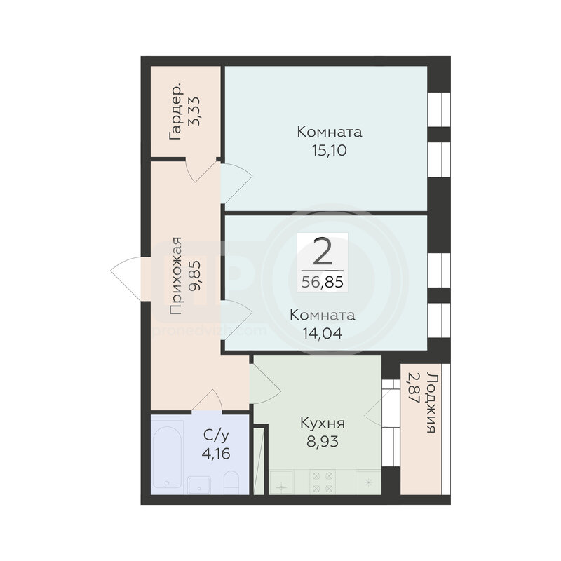 2-комнатная квартира, 56.85кв.м
