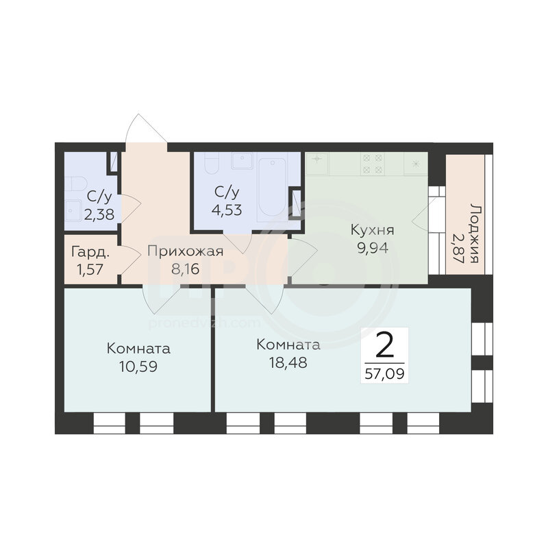 2-комнатная квартира, 57.09кв.м