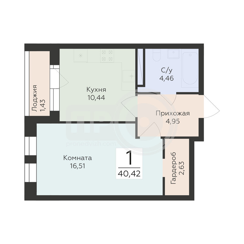 1-комнатная квартира, 40.42кв.м