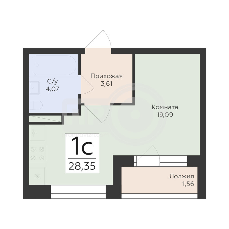 1-комнатная квартира, 28.35кв.м