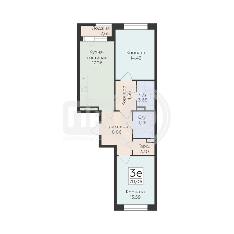 3-комнатная квартира, 70.06кв.м