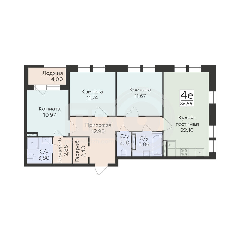 4-комнатная квартира, 86.56кв.м